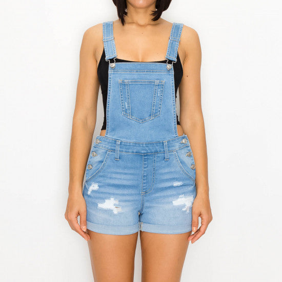Custom Distressed Denim Shortalls with Adjustable Straps – Women's Rolled Cuff Overalls