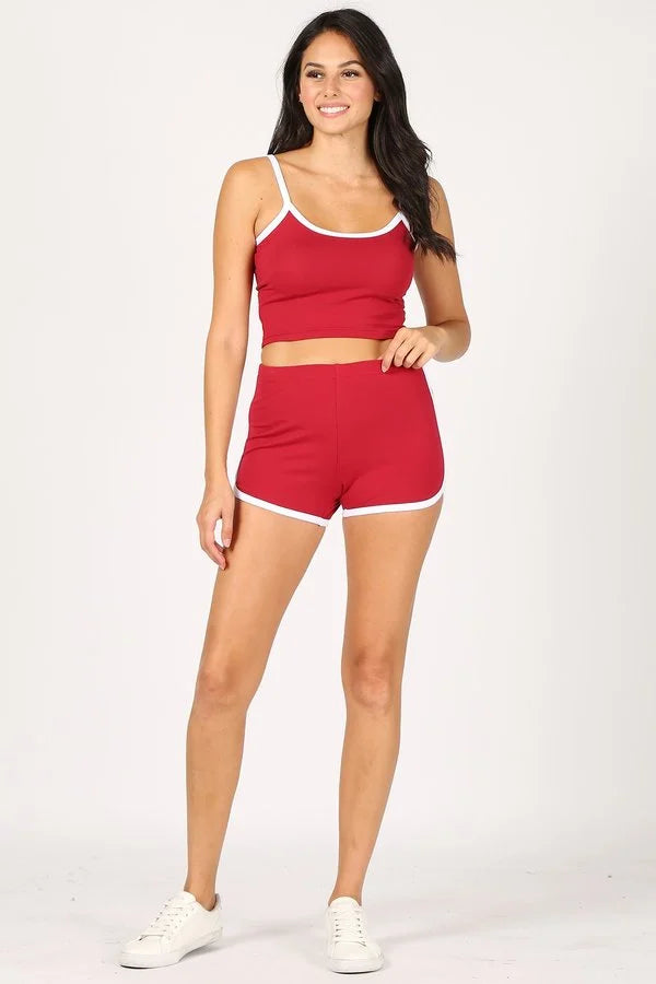 CONTRAST TRIM CROP CAMI TANK AND DOLPHIN SHORTS SET