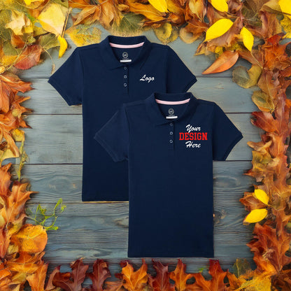 Multiple color options of custom embroidered polo shirts – available in red, navy, black, white.