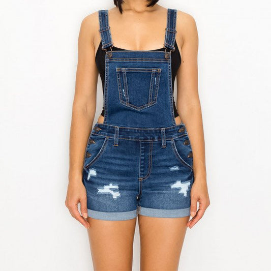 Custom Distressed Denim Shortalls with Adjustable Straps – Women's Rolled Cuff Overalls
